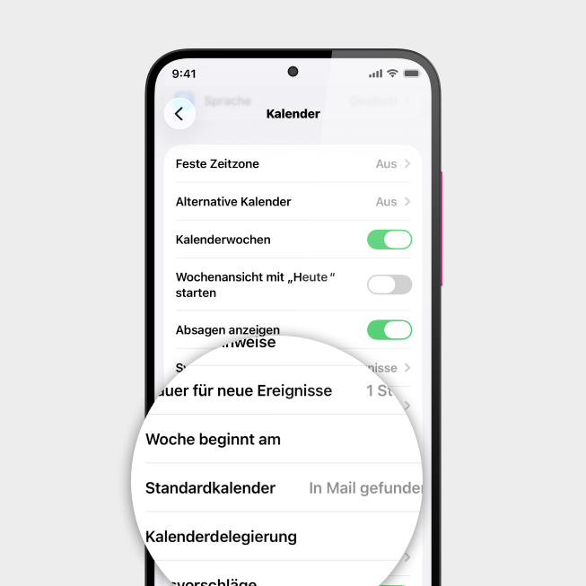 Screenshot vom iPhone mit Fokus auf Feld Standardkalender