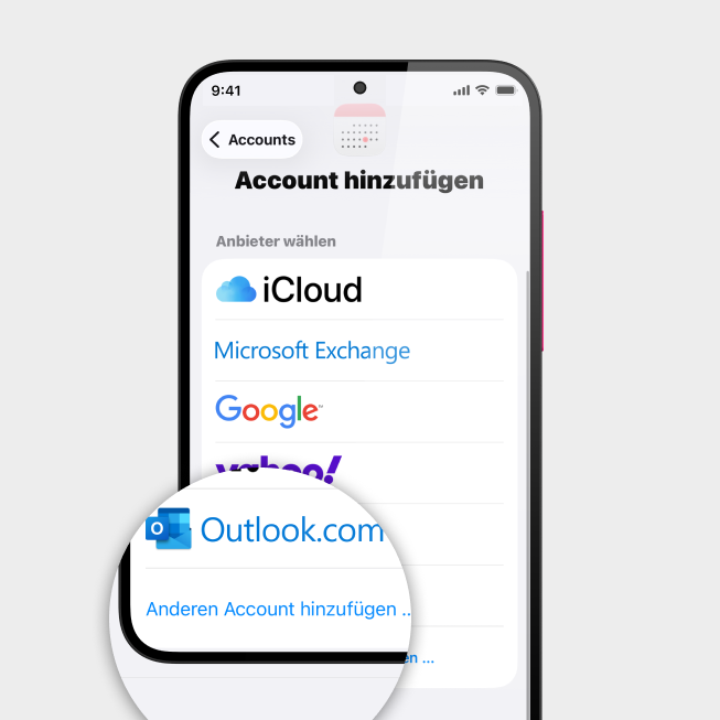 Screenshot vom iPhone mit Fokus auf Feld Anderen Account hinzufügen