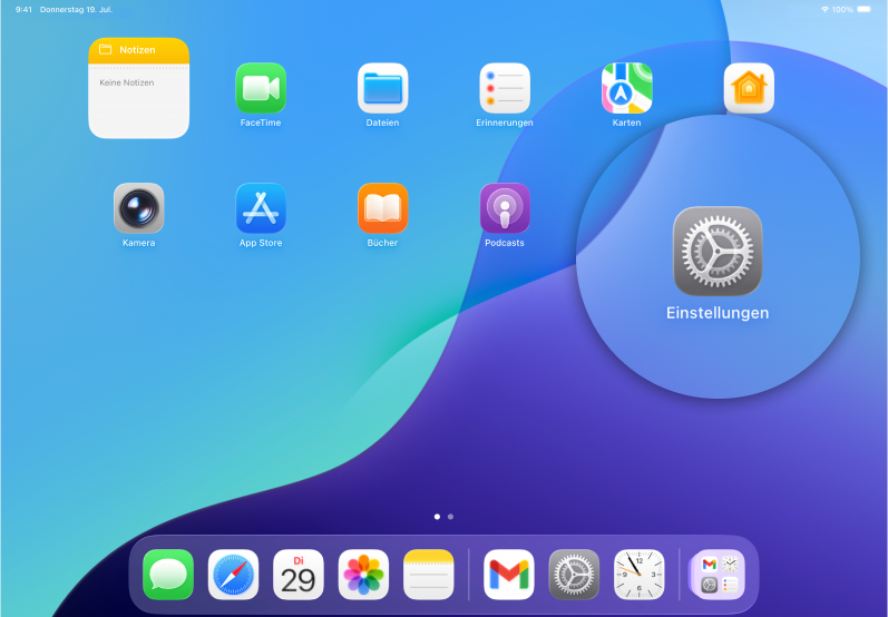 Screenshot iPad mit Fokus auf Icon Einstellungen