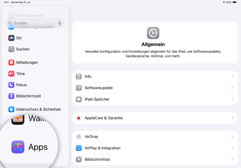 Screenshot iPad mit Fokus auf Icon Apps