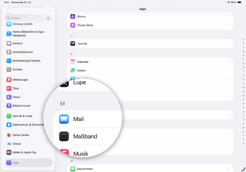 Screenshot iPad mit Fokus auf Icon Mail