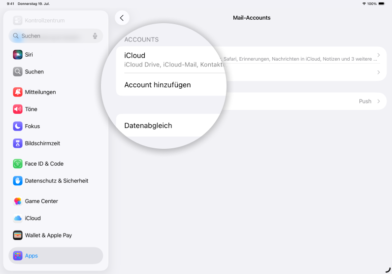 Screenshot iPad mit Fokus auf Feld Account hinzufügen