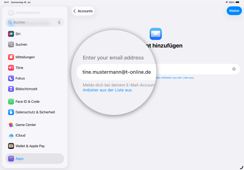 Screenshot iPad mit Fokus auf Feld E-Mail-Adresse
