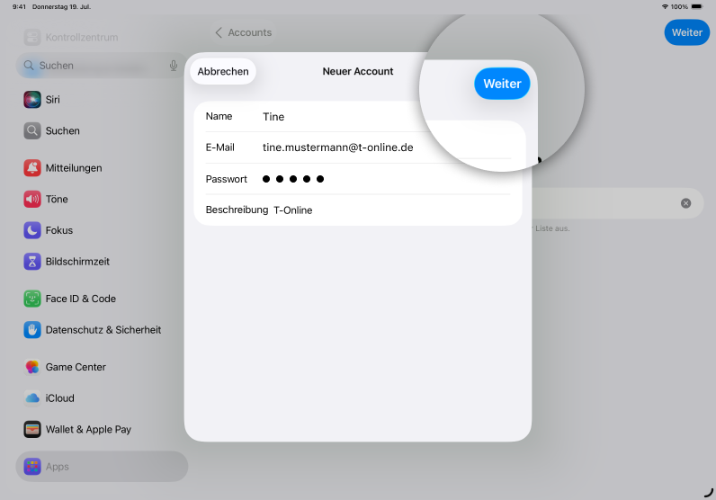 Screenshot iPad mit Fokus auf Button Weiter