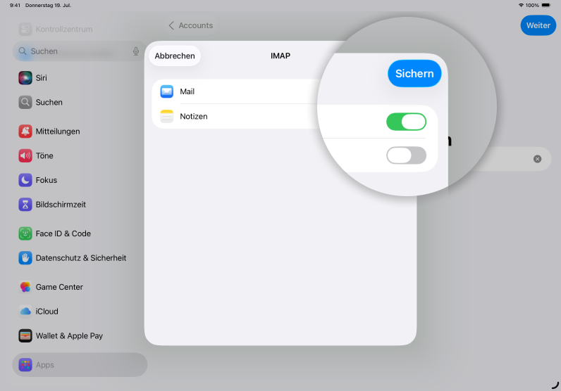 Screenshot iPad mit Fokus auf Button Sichern