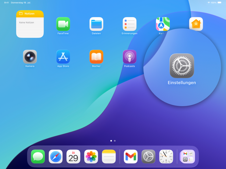 Screenshot iPad mit Fokus auf Icon Einstellungen