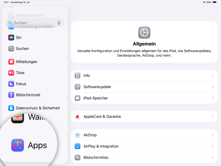 Screenshot iPad mit Fokus auf Icon Apps