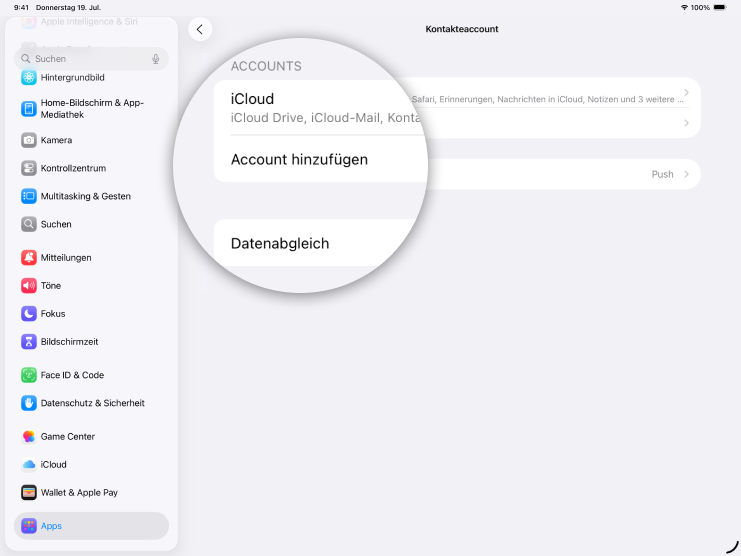 Screenshot iPad mit Fokus auf Feld Account hinzufügen