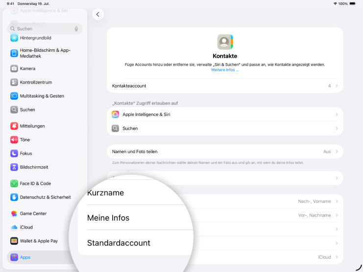 Screenshot iPad mit Fokus auf Feld Standardaccount