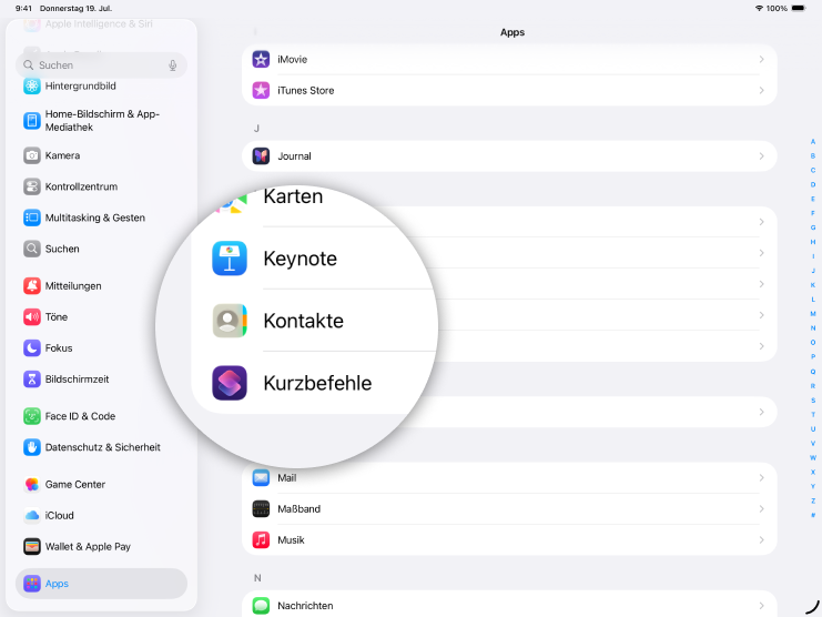 Screenshot iPad mit Fokus auf Icon Kontakte