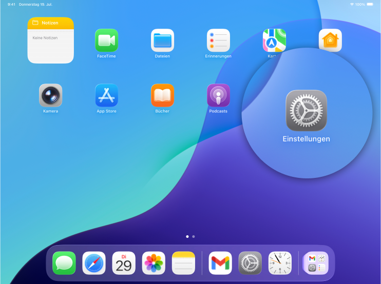 Screenshot iPad mit Fokus auf Icon Einstellungen