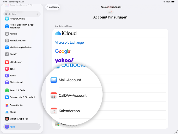 Screenshot iPad mit Fokus auf Feld CalDAV-Account