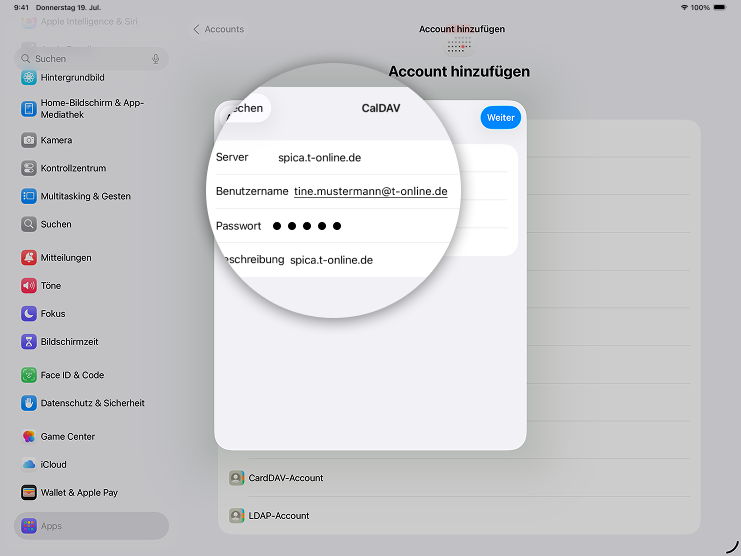 Screenshot iPad mit Fokus auf Feld Benutzername