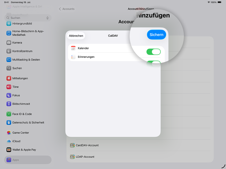 Screenshot iPad mit Fokus auf Button Sichern