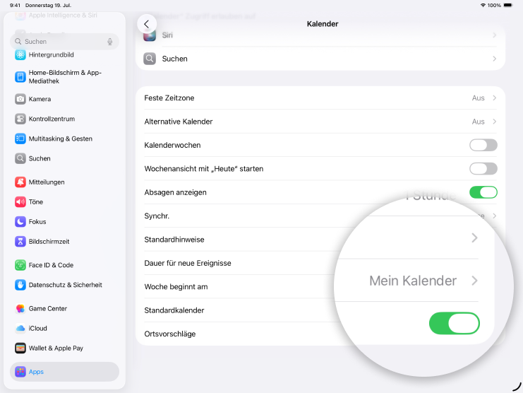 Screenshot iPad mit Fokus auf Feld Standardkalender