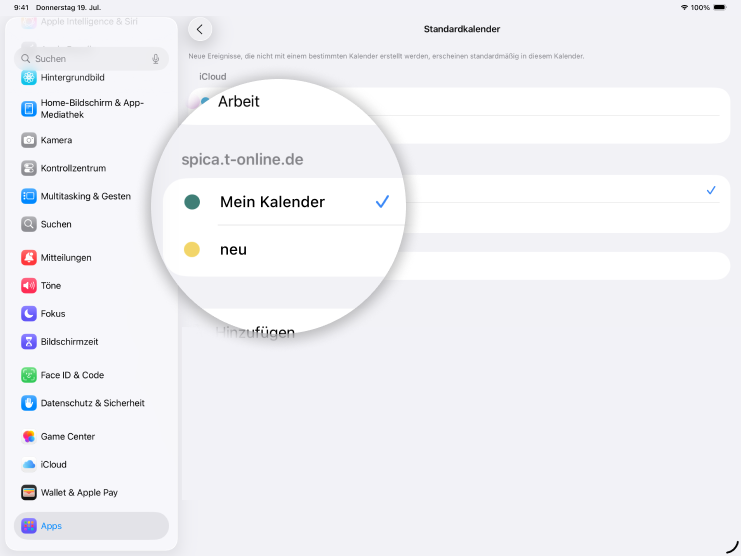Screenshot iPad mit Fokus auf aktiven Standardkalender