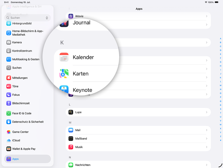 Screenshot iPad mit Fokus auf Icon Kalender
