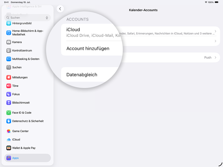 Screenshot iPad mit Fokus auf Feld Account hinzufügen