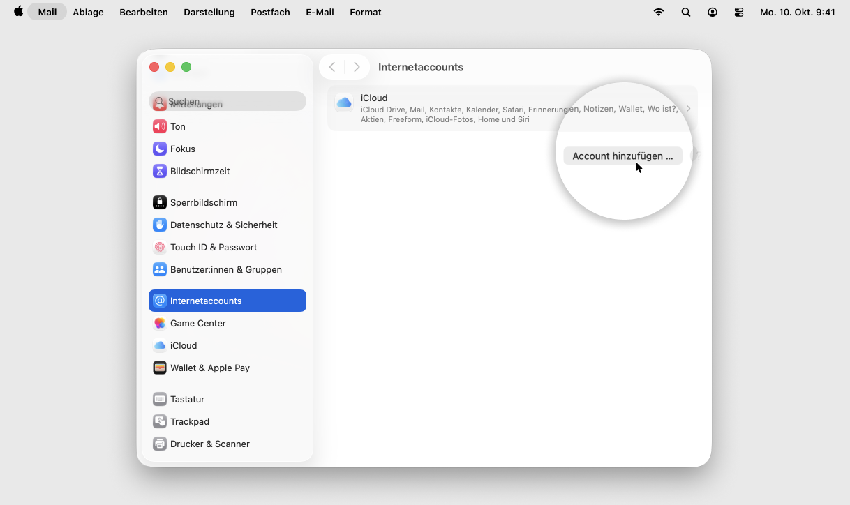 Screenshot MacOS mit Fokus auf Button Account hinzufügen