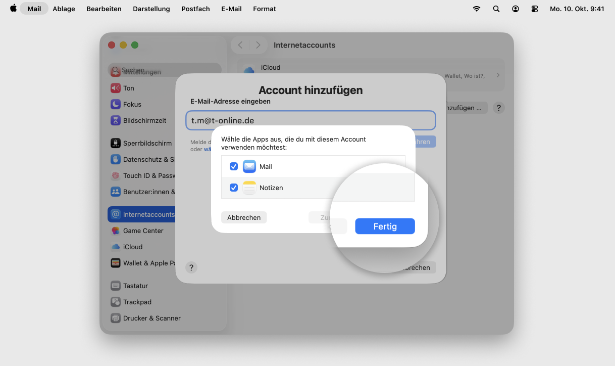 Screenshot MacOS mit Fokus auf Button Fertig