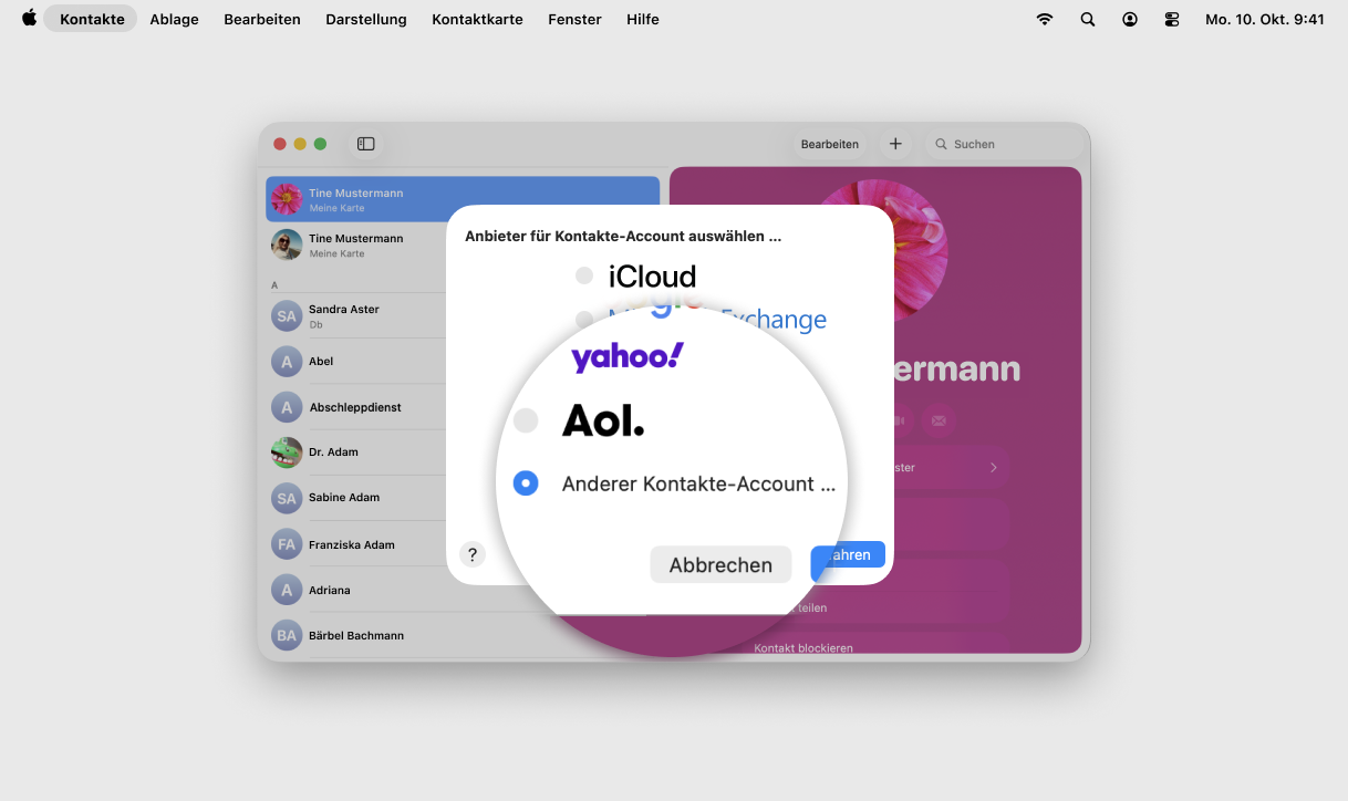 Screenshot MacOS mit Fokus auf Feld Anderer Kontakte-Account