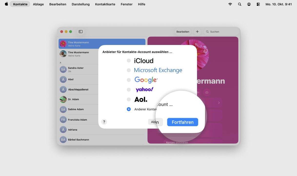 Screenshot MacOS mit Fokus auf Button Fortfahren