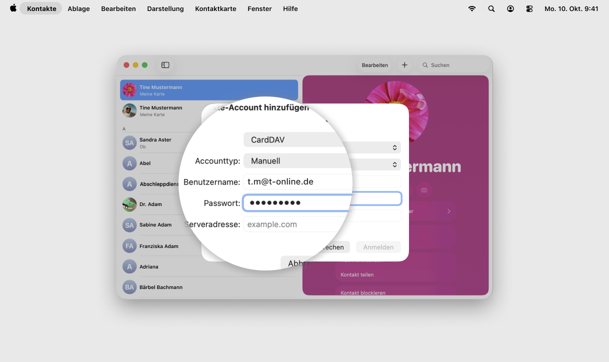 Screenshot MacOS mit Fokus auf Felder Benutzername und Passwort