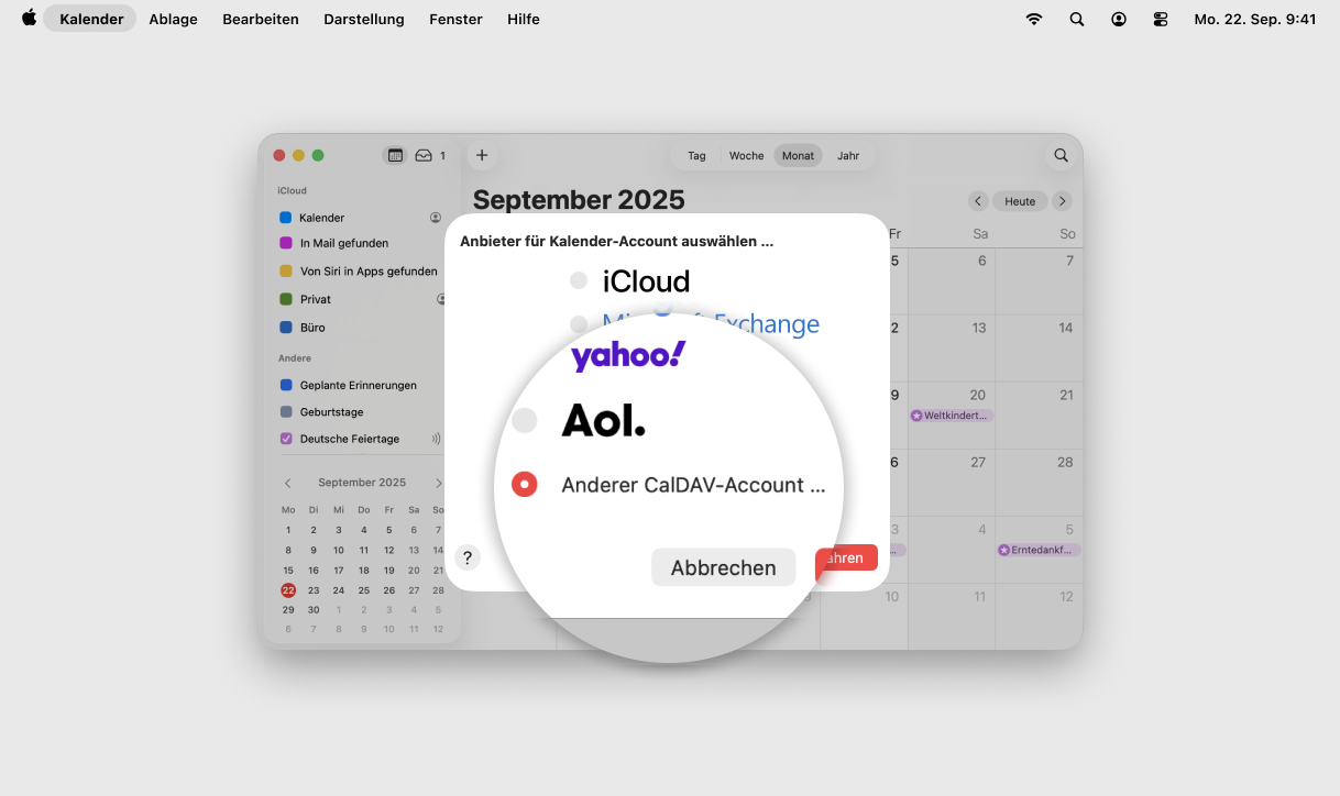 Screenshot MacOS mit Fokus auf Feld Anderer CalDAV-Account