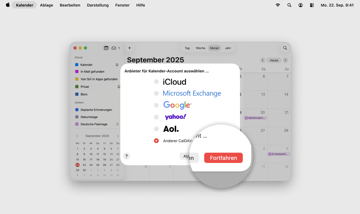 Screenshot MacOS mit Fokus auf Button Fortfahren
