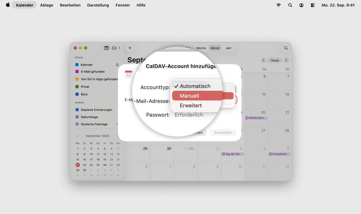 Screenshot MacOS mit Fokus auf Feld Accounttyp