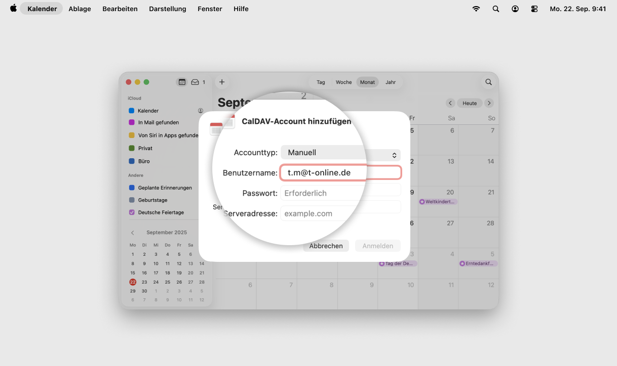 Screenshot MacOS mit Fokus auf Felder Benutzername und Passwort