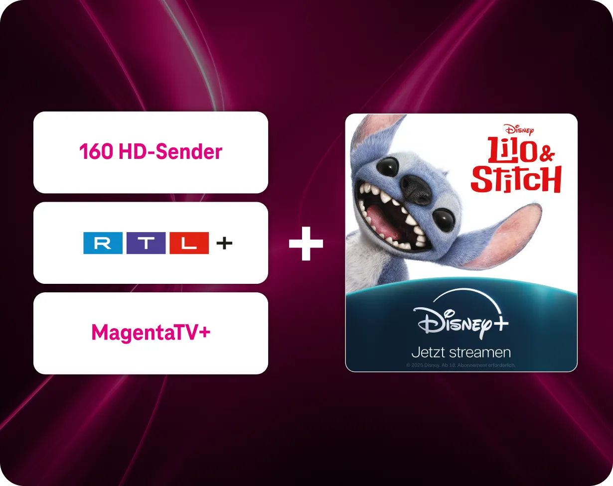 MagentaTV Smart für 7 € monatlich beinhaltet 160 HD-Sender, MagentaTV+ und RTL+. Optional zubuchbar: Netflix oder Disney+ für je 3 € monatlich. Darstellung in leuchtenden Kachel-Elementen auf dunklem Hintergrund.