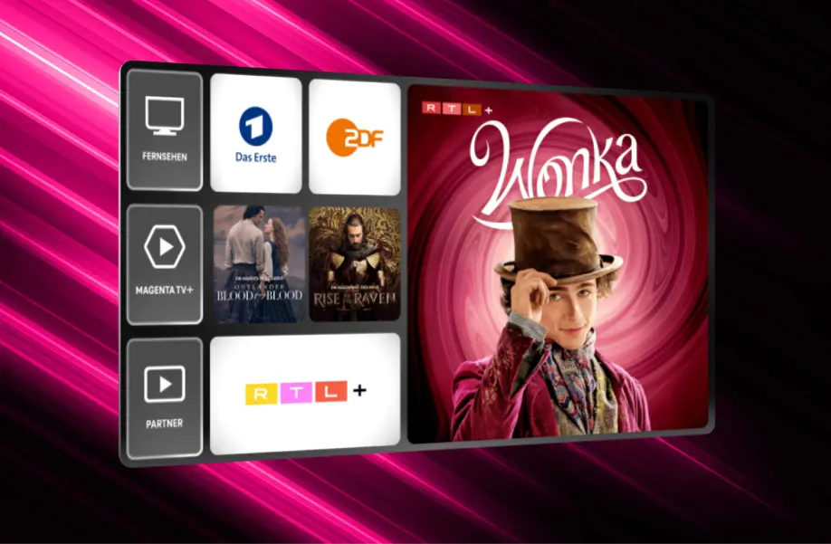 MagentaTV-Startseite mit TV-Sendern, Serien und dem Film ‚Wonka‘ auf RTL+