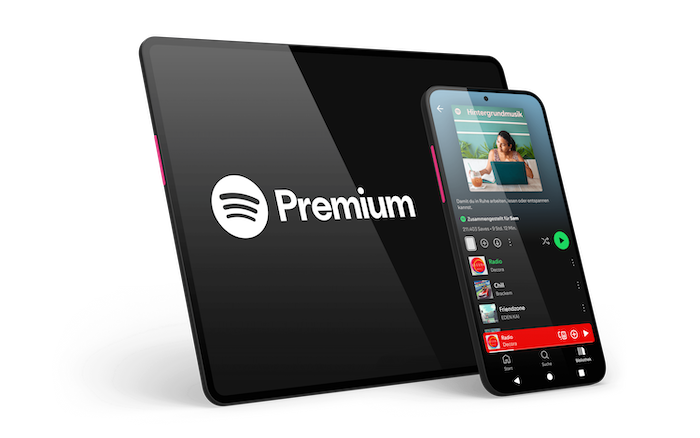 Visuelle Darstellung von einem Tablet und einem Smartphone mit Spotify Inhalten.
