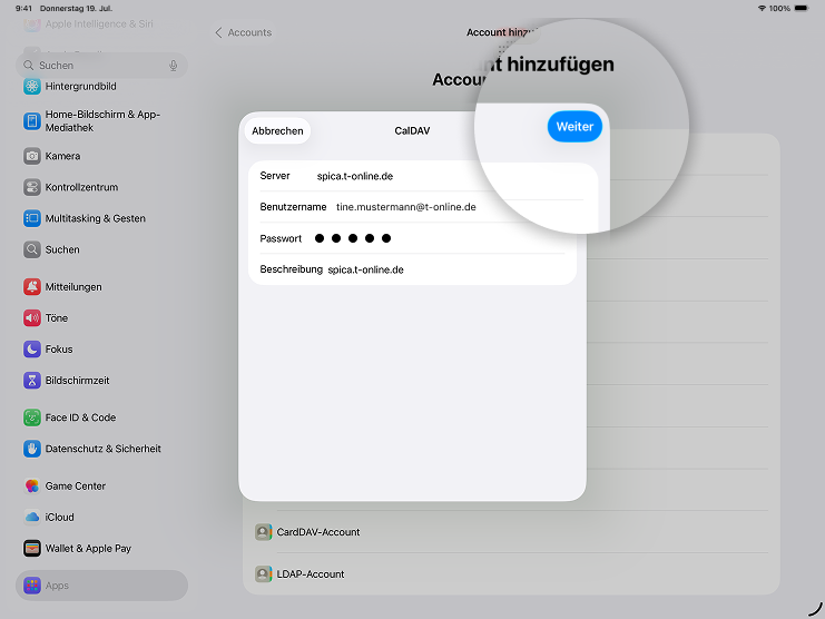 Screenshot iPad mit Fokus auf Button Weiter