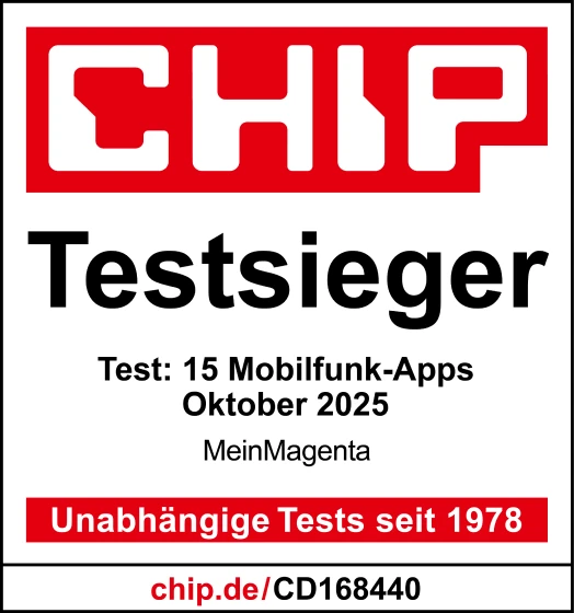 Chip Testsiegel. Test: 15 Mobilfunk-Apps Oktober 2025. MeinMagenta. Unabhängige Test seit 1978.