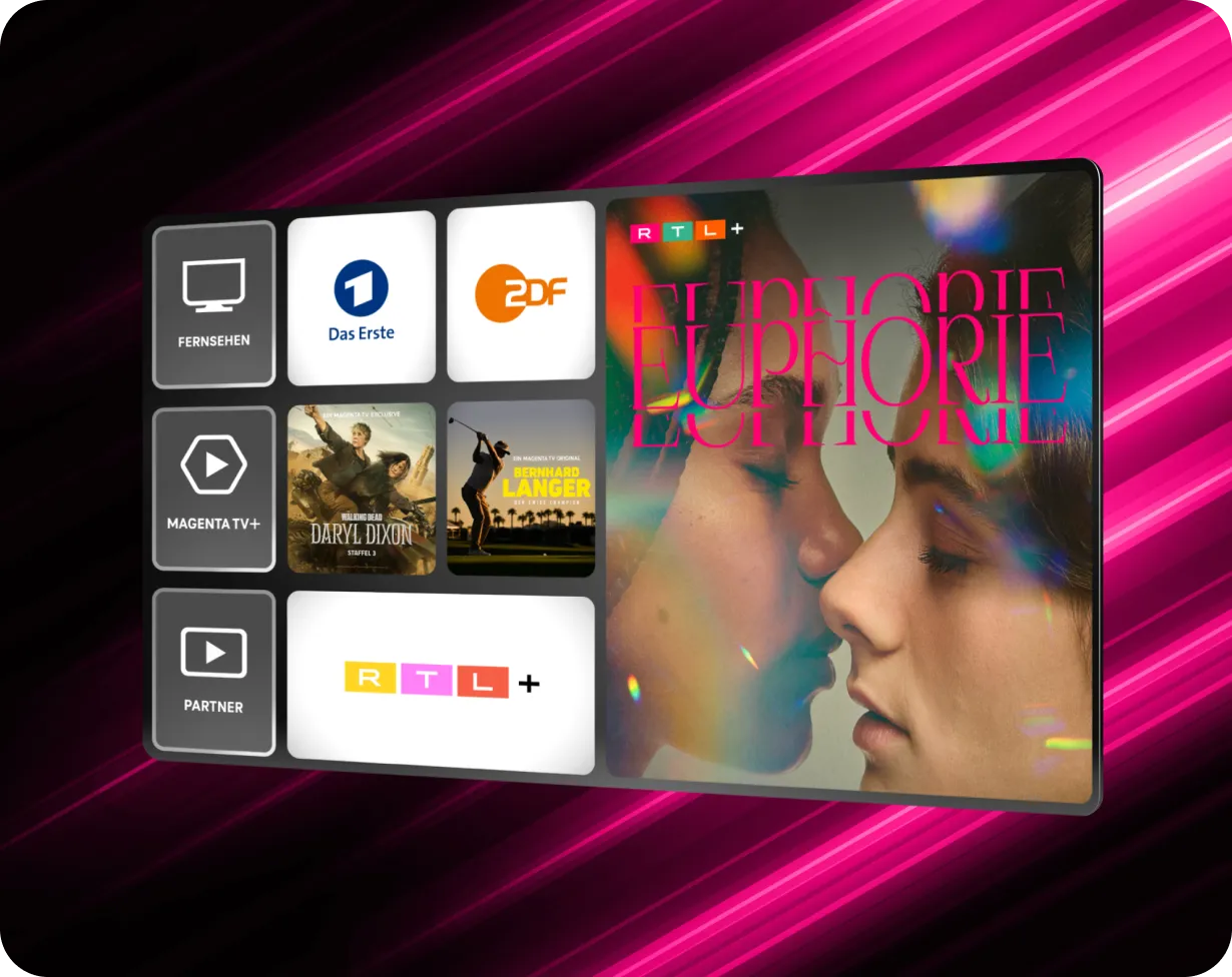 Tablet mit MagentaTV App Oberfläche zeigt TV-Sender-Auswahl inklusive Das Erste, ZDF und MagentaTV+Streaming-Serien