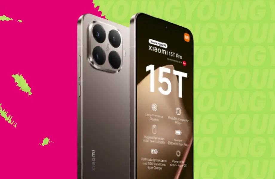 Xiaomi 15T Pro, Front- und Rückansicht, vor grünem YOUNG-Hintergrund mit magenta Akzent.