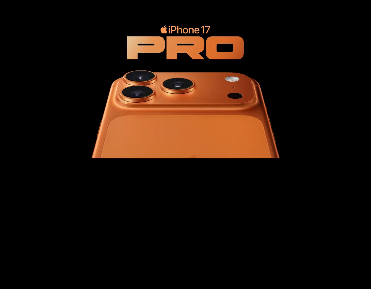 Rückansicht eines iPhone 17 Pro in Cosmic Orange mit allen drei 48 MP Kameras.