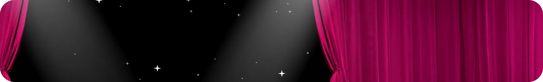 Magenta Vorhang, in öffnender Bewegung, enthüllt Bühne mit Spotlight und Sternenhimmel