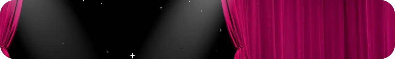 Magenta Vorhang, in öffnender Bewegung, enthüllt Bühne mit Spotlight und Sternenhimmel