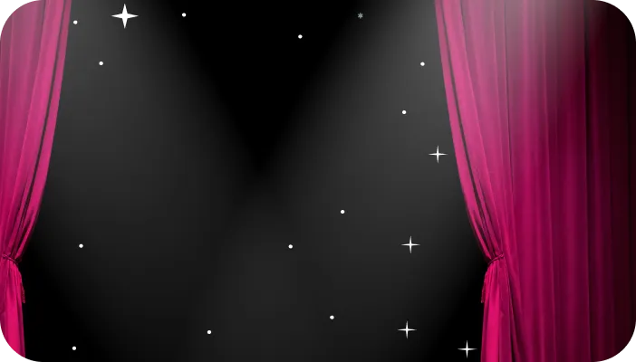 Magenta Vorhang, in öffnender Bewegung, enthüllt Bühne mit Spotlight und Sternenhimmel
