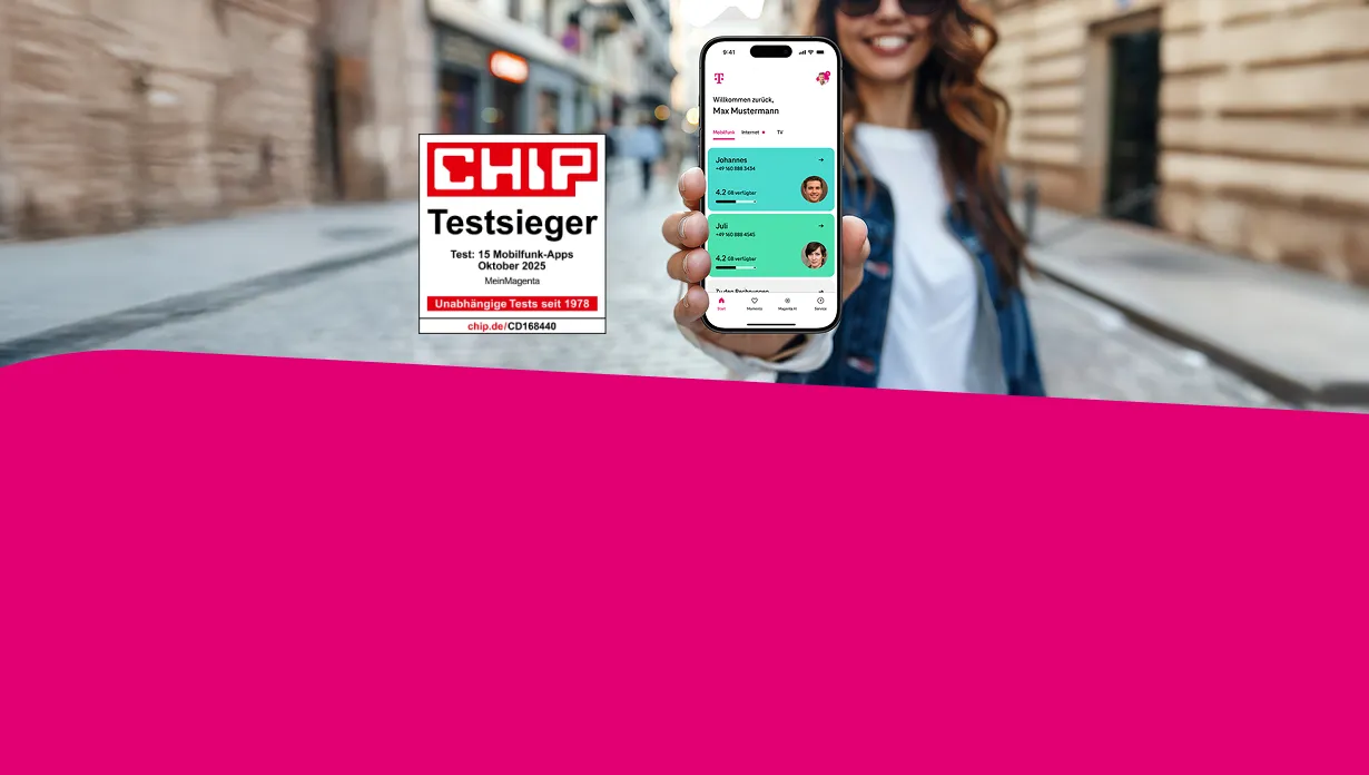 MeinMagenta-App auf Smartphone, daneben CHIP-Testsieger-Siegel (Test: 15 Mobilfunk-Apps, Oktober 2025, MeinMagenta)