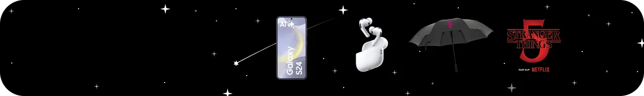Samsung Galaxy S24, Apple AirPods Pro, Magenta Regenschirm, Stranger Things 5 vor Sternenhimmel