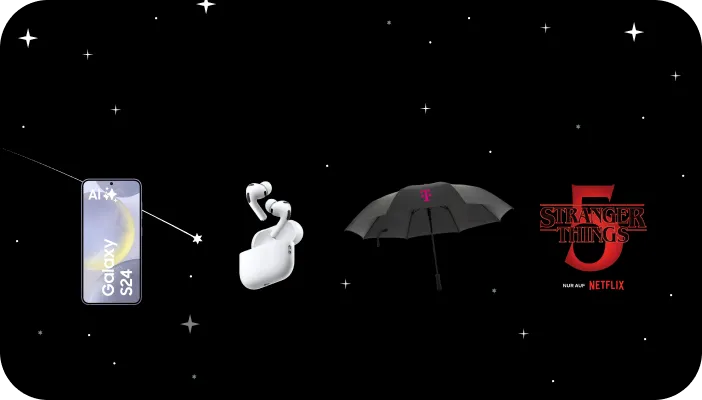 Samsung Galaxy S24, Apple AirPods Pro, Magenta Regenschirm, Stranger Things 5 vor Sternenhimmel