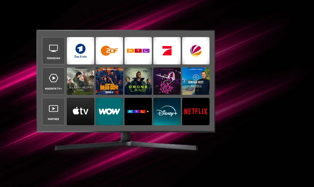 TV-Bildschirm mit verschiedenen TV-Programmen und Sendern, einschließlich 'Das Erste', 'ZDF' und 'RTL+' sowie Serienangebote.