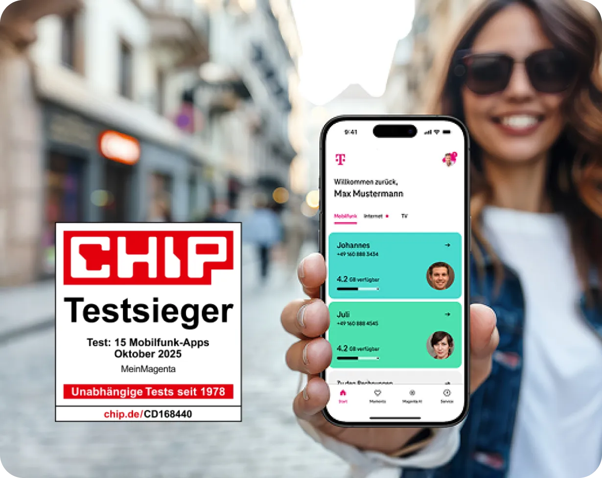 Smartphone mit MeinMagenta App der Telekom; daneben CHIP-Testsiegel (Test: 15 Mobilfunk-Apps, Oktober 2025)