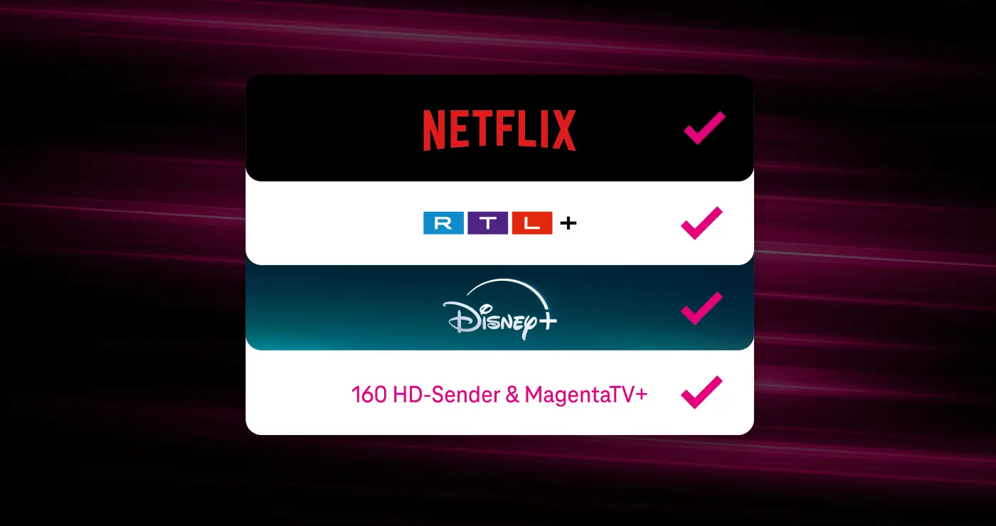 Verfügbare Streaming-Dienste bei MagentaTV: Netflix, RTL+, Disney+ und 160 HD-Sender mit MagentaTV+.
