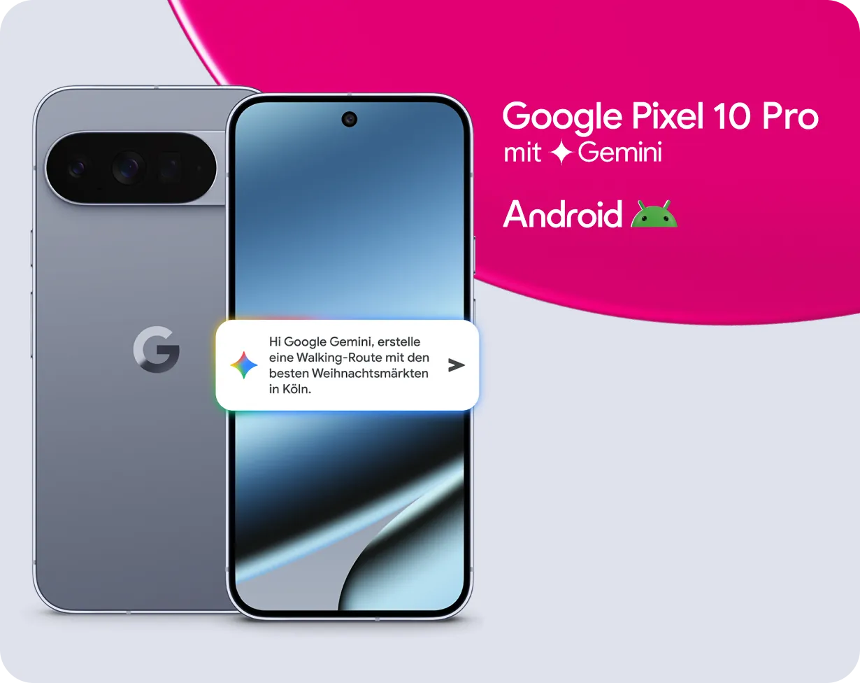 Google Pixel 10 Pro mit Android und Gemini; Beispielanfrage auf dem Display zu einer Weihnachtsmarkt‑Route in Köln.