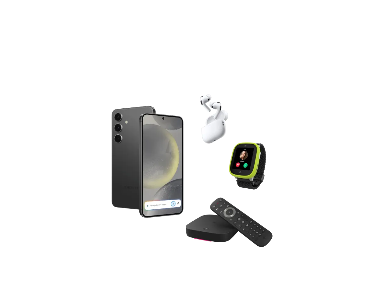 Gruppe von Geräten auf schwarzem Hintergrund: links graues Samsung Galaxy S24 mit Dreifachkamera; rechts oben Apple iPods im Ladecase; rechts mitte: grün umrandete Kinder-Smartwatch; rechts unten: TV-Box mit Fernbedienung.